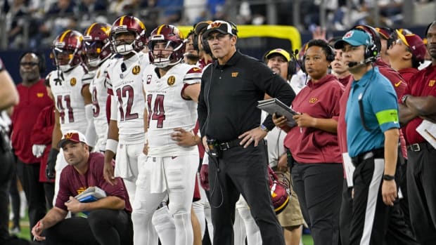 Washington Commanders head coach Ron Rivera during the second quarter of the game between the Dallas Cowboys and the Washington Commanders at AT&T Stadium.
